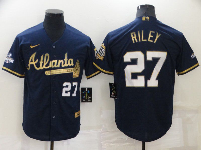 Men Atlanta Braves 27 Riley Blue Gold Game 2022 Nike MLB Jersey